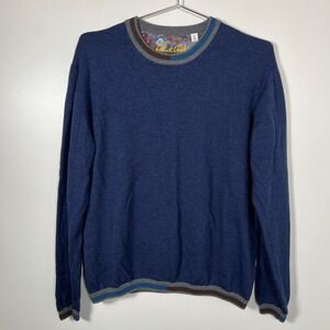 Robert Graham Blue Wool Crewneck Sweater Striped Trim XL Mens Academic